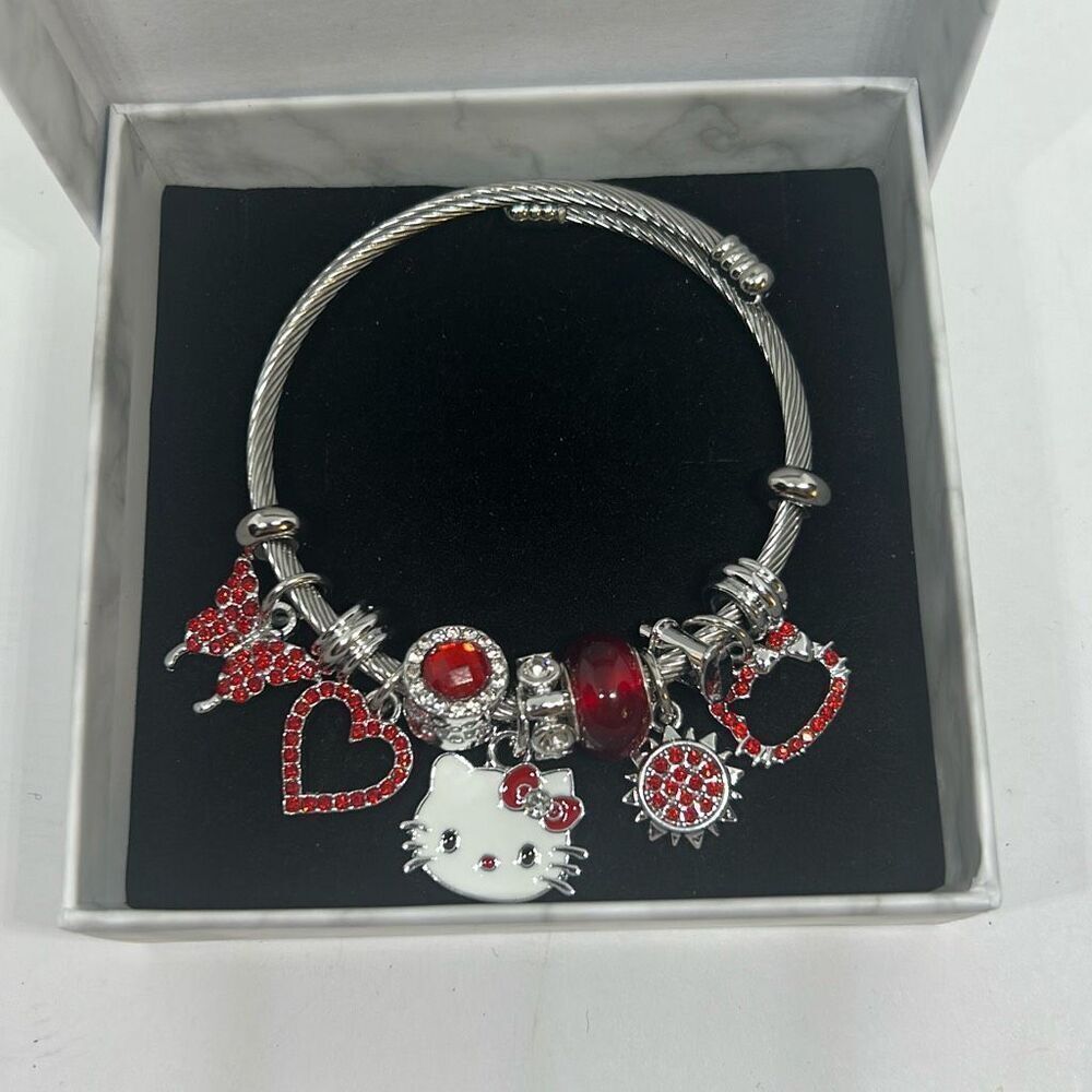 Hello Kitty Charm Bracelet Red Crystal Heart Adjustable Bangle Gift